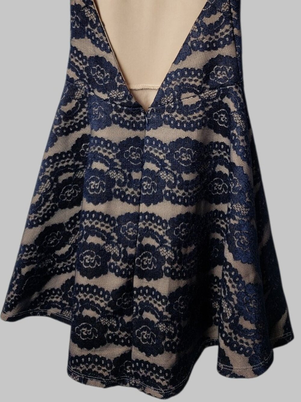 ANGL Nude Lace Fit & Flare Skater Dress Open Back Party Dress Navy Blue Medium - Picture 5 of 14